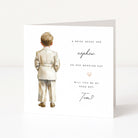 Greeting card with illustration of a boy in a suit and text asking if he will be the page boy for a wedding.