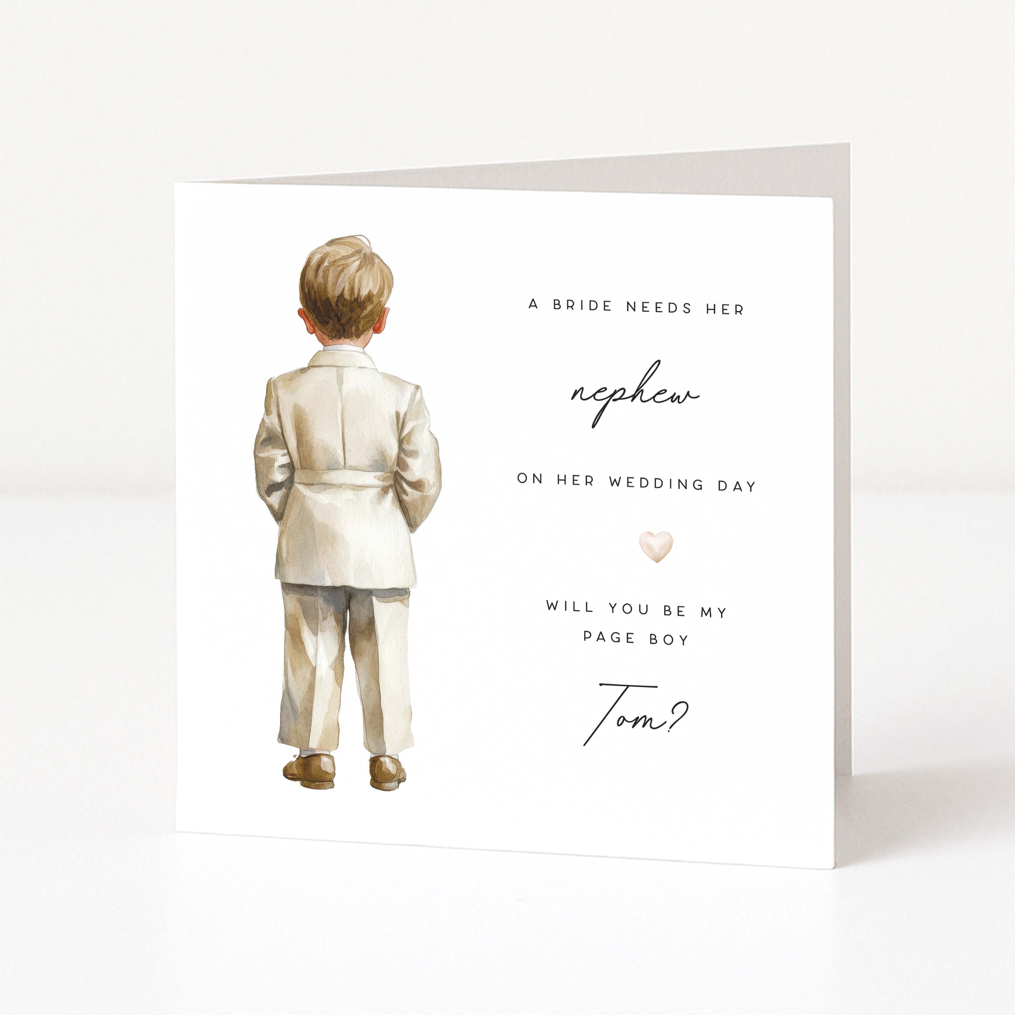 Greeting card with illustration of a boy in a suit and text asking if he will be the page boy for a wedding.
