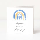 Greeting card with a rainbow design and text asking if you will be my page boy on a white background