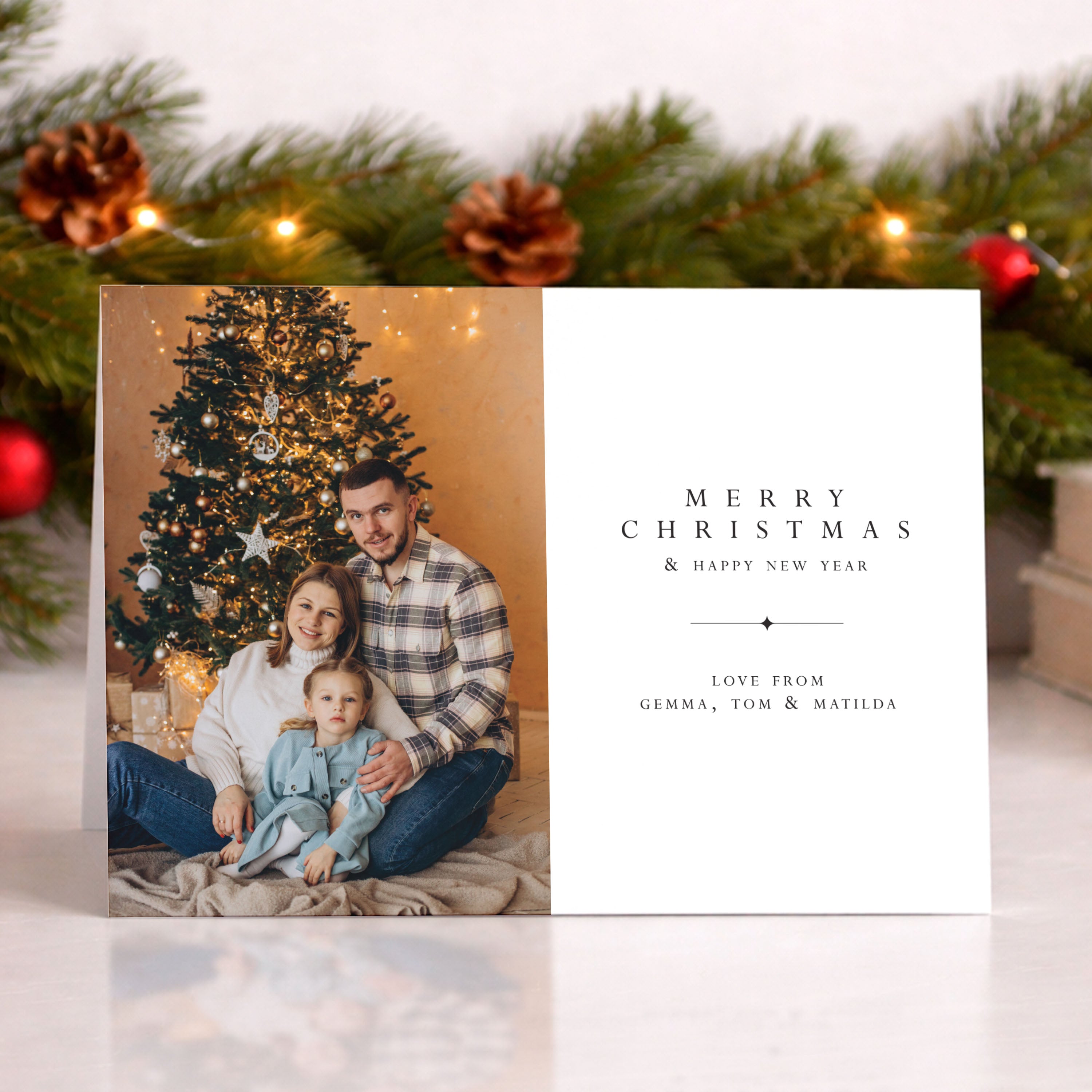 Christmas card with a family photo and festive background