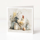 Greeting card with a rooster and rustic elements on a light background