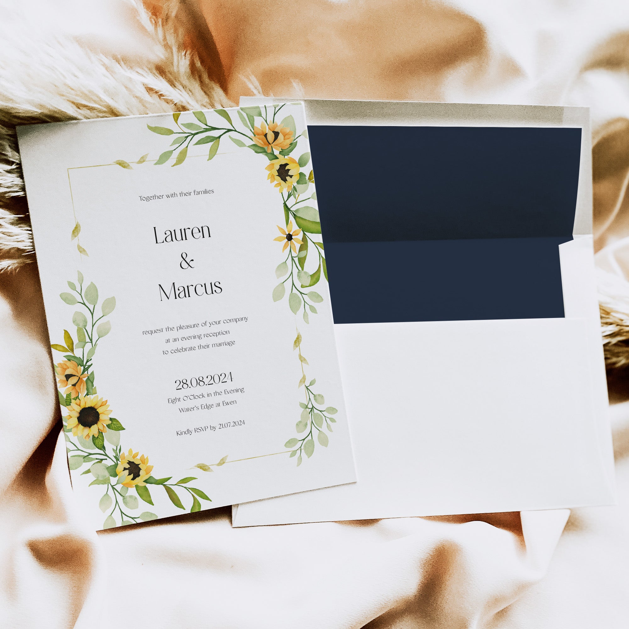 Sunflower Evening Wedding Reception Invite - Farringdon Collection, Elle Bee Design