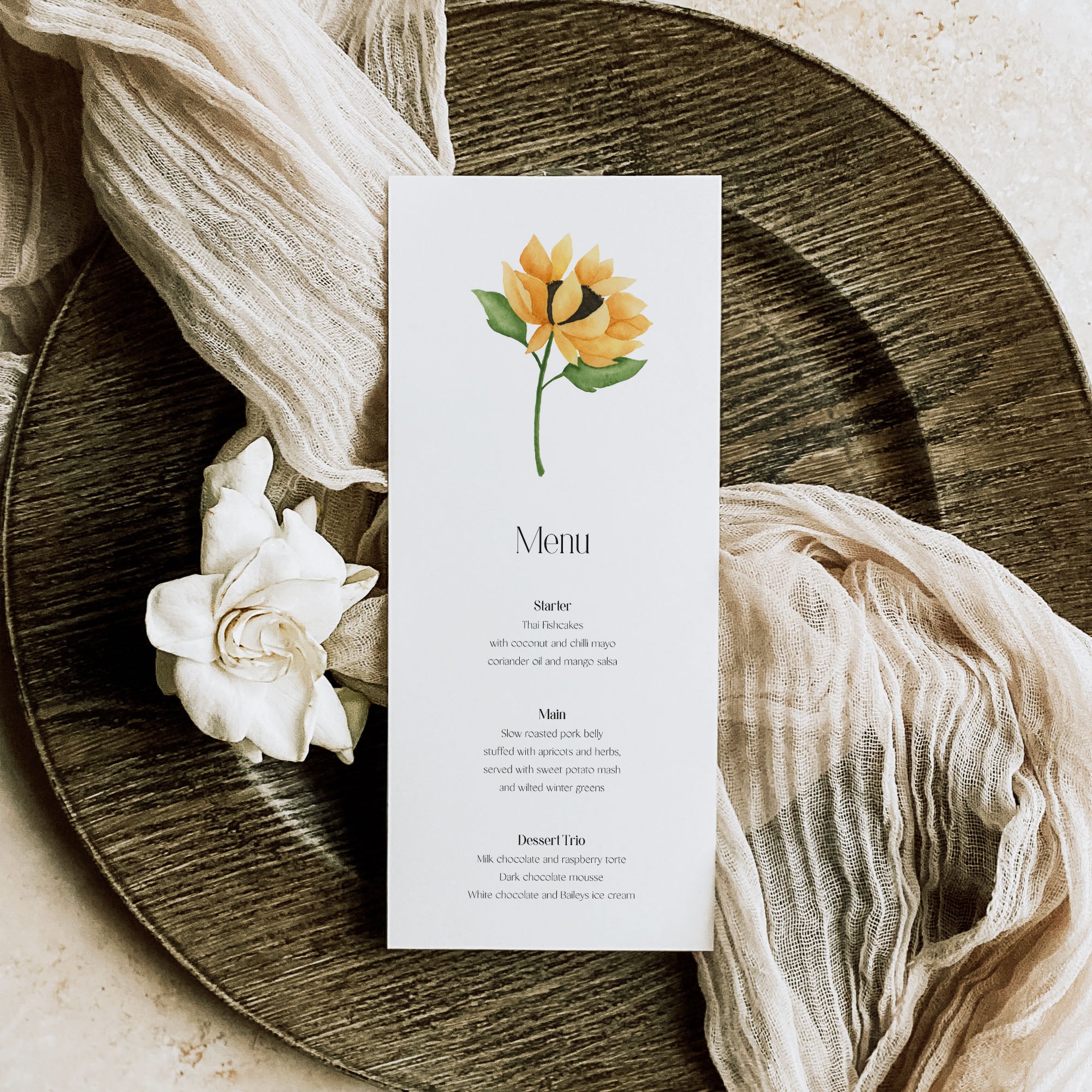 Sunflower Wedding Menu Card - Farringdon Collection, Elle Bee Design