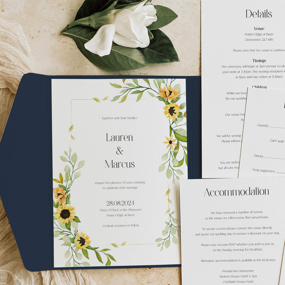 Sunflower Pocketfold Wedding Invitation - Farringdon Collection, Elle Bee Design