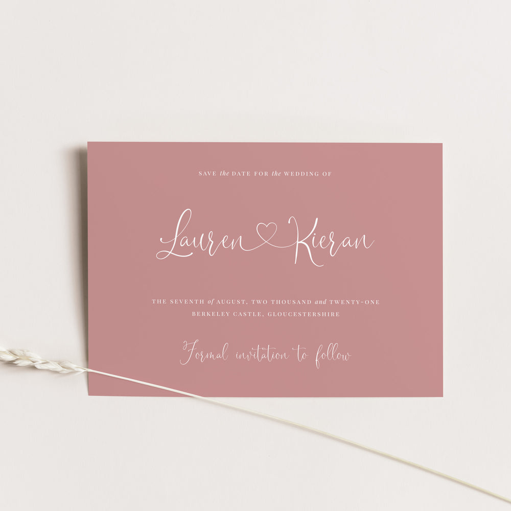 Modern Romantic Save the Date Card in Old Rose with White Ink - Finchley Collection, Elle Bee Design