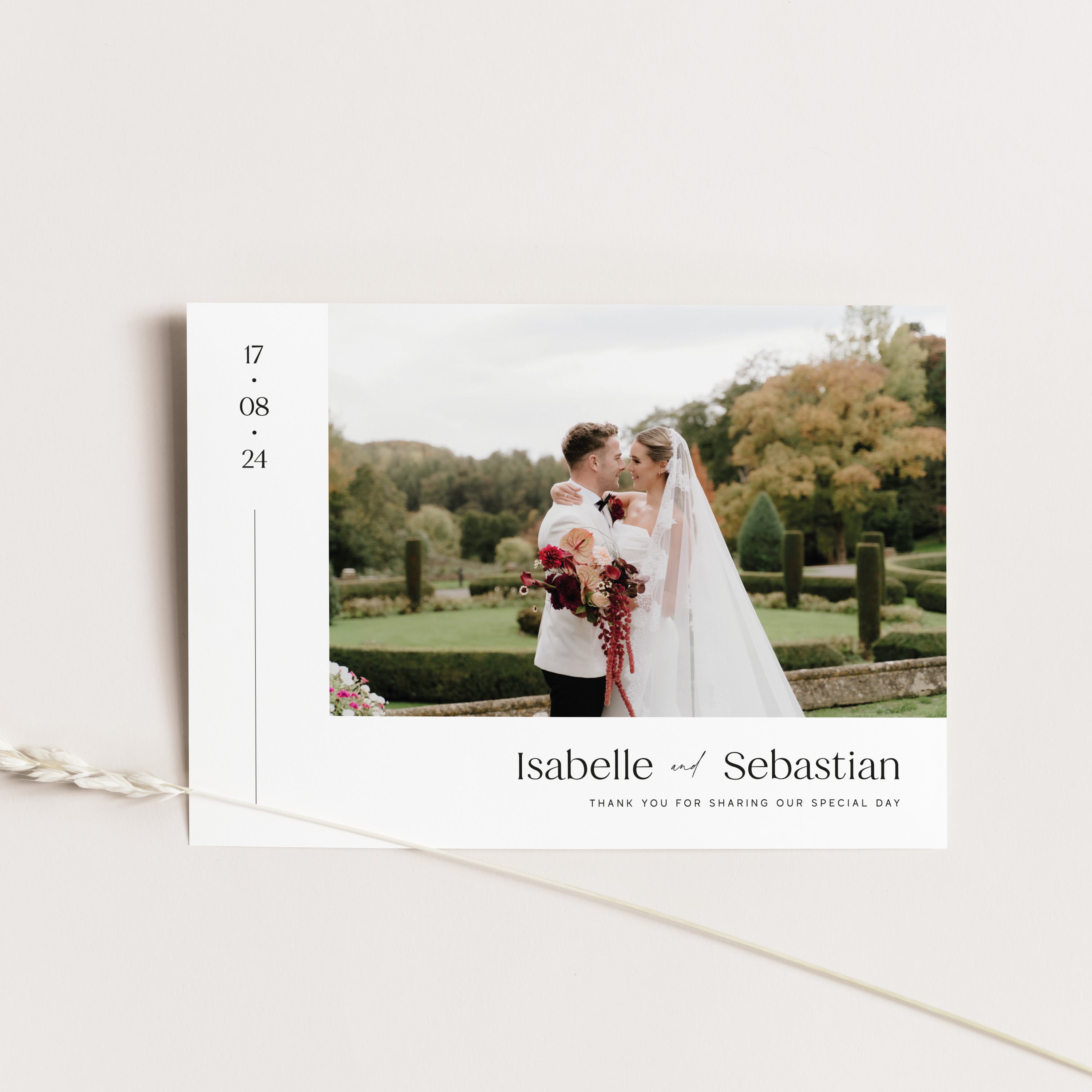 Wedding photo thank you card with a couple on a white background