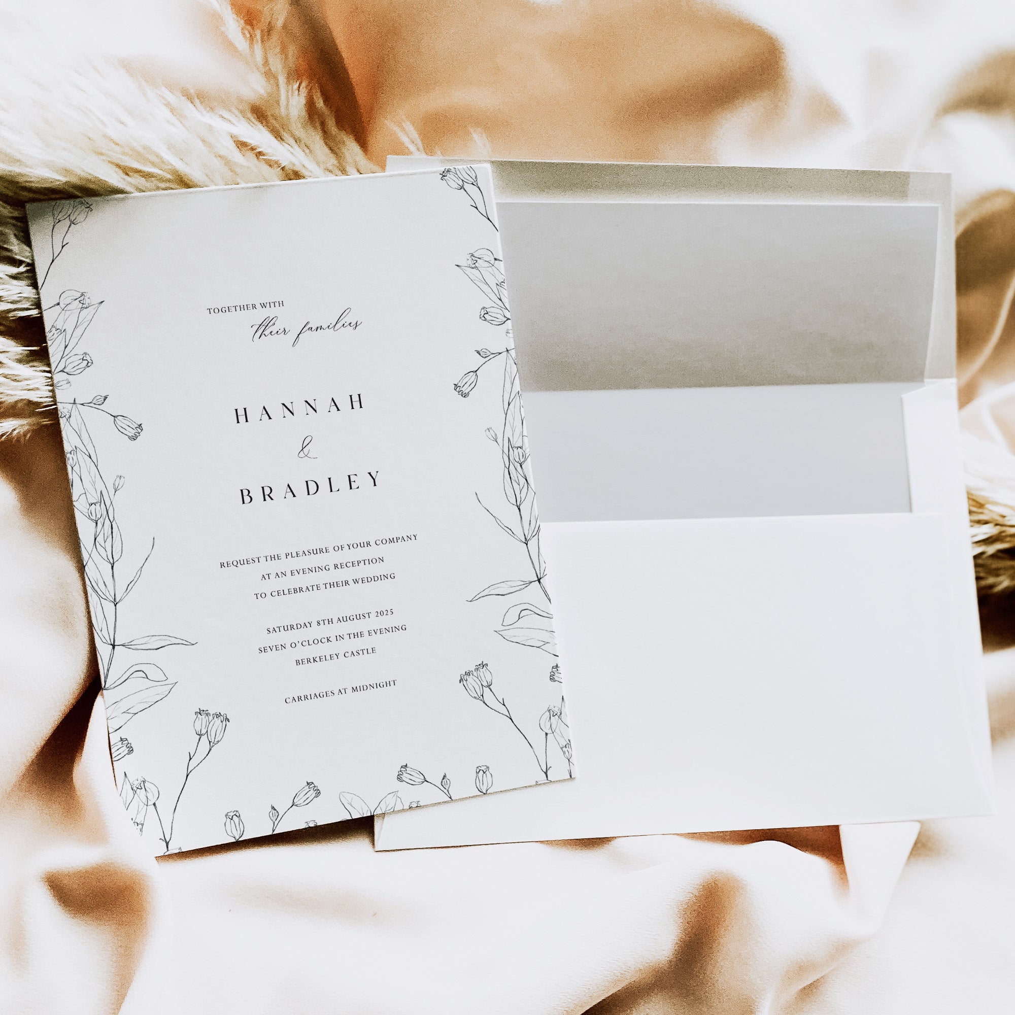 Monochrome Floral Evening Wedding Invitation - Fitzrovia Collection, Elle Bee Design