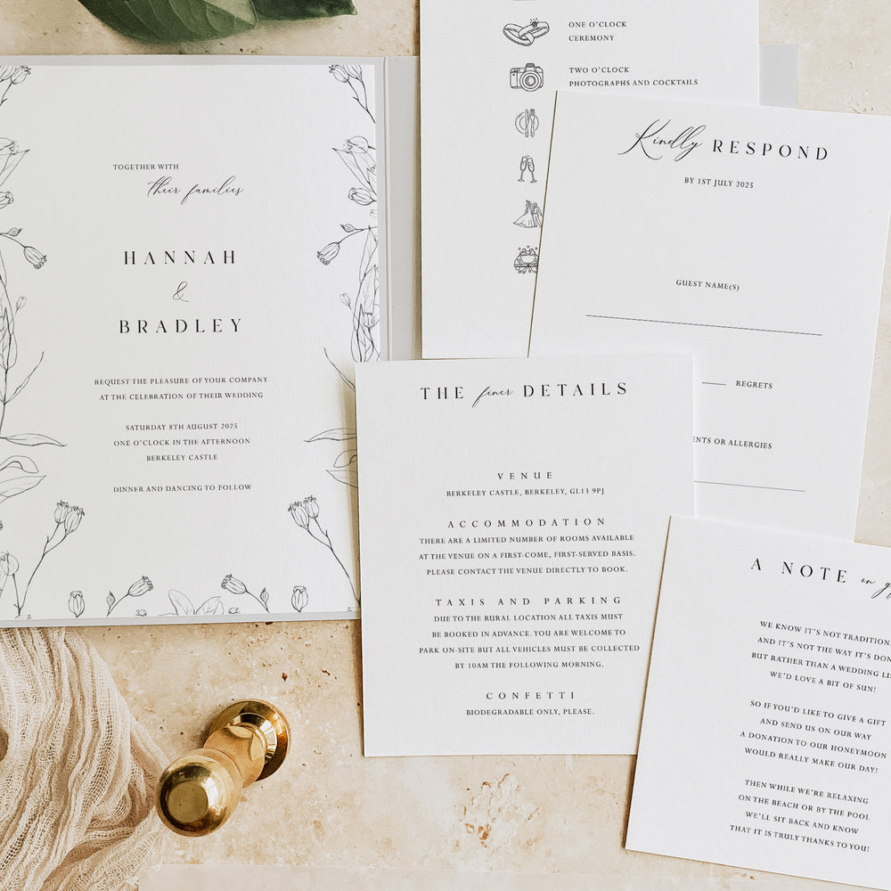 Monochrome Floral Pocketfold Wedding Invitation Suite - Fitzrovia Collection, Elle Bee Design