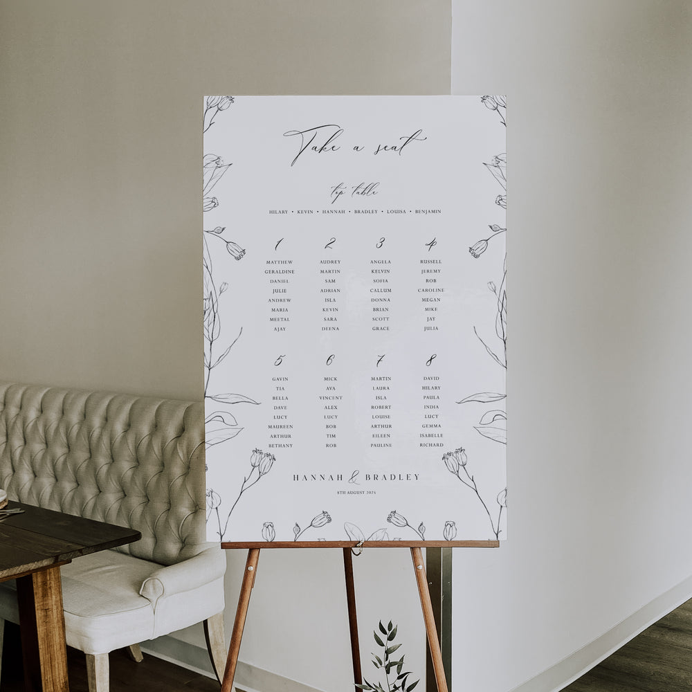 Monochrome Floral Wedding Table Plan - Fitzrovia Collection, Elle Bee Design