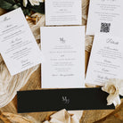 A styled flat-lay of wedding stationery, including printed invitation cards, a QR code, and a black envelope with a white monogram logo, arranged on textured beige fabric and wood with a cream rose.