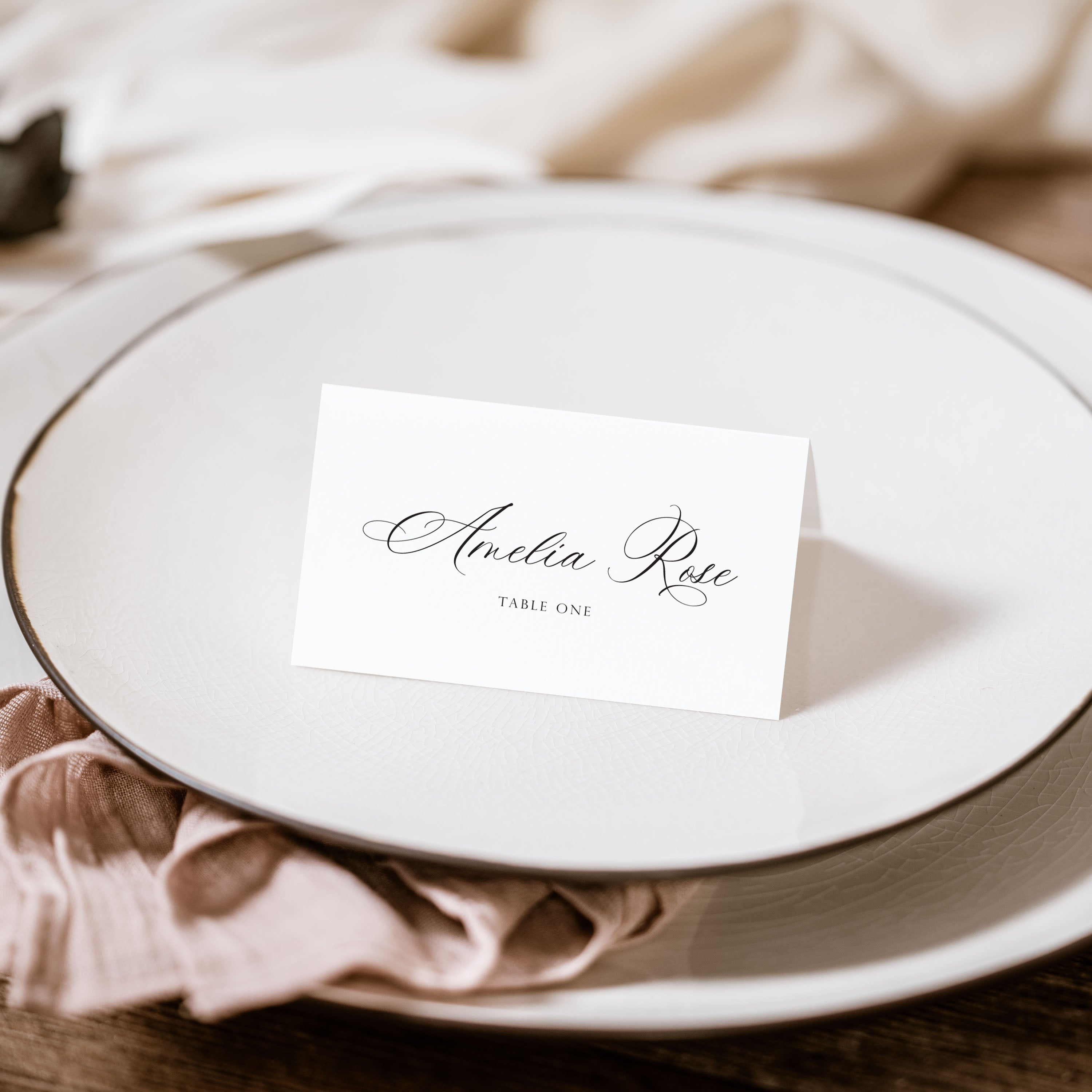 Folded wedding place card featuring elegant text on a plate, napkin and table