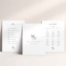 Three white wedding signs in a coordinated design showing an itinerary, welcome sign and seating chart against a neutral background