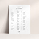 A wedding seating plan organised alphabetically by surname, with "Please be Seated" at the top and a stylised monogram at the bottom