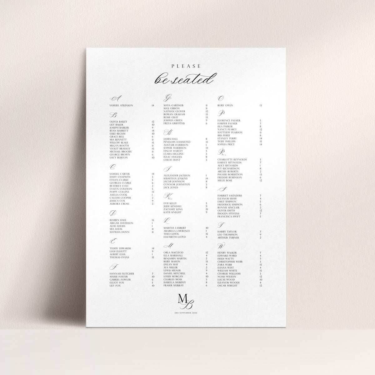 A wedding seating plan organised alphabetically by surname, with "Please be Seated" at the top and a stylised monogram at the bottom