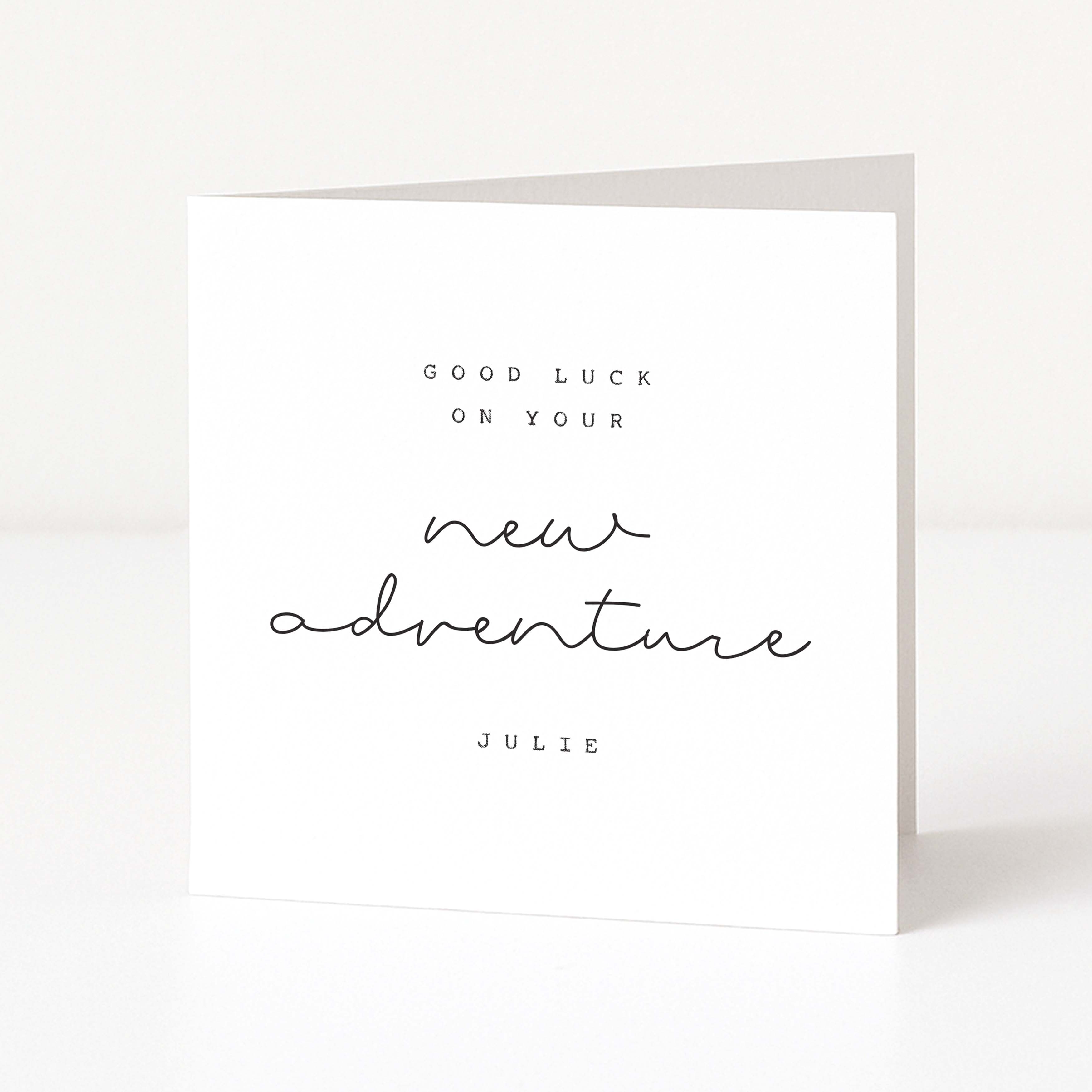 Greeting card with 'Good luck on your new adventure' text on a white background