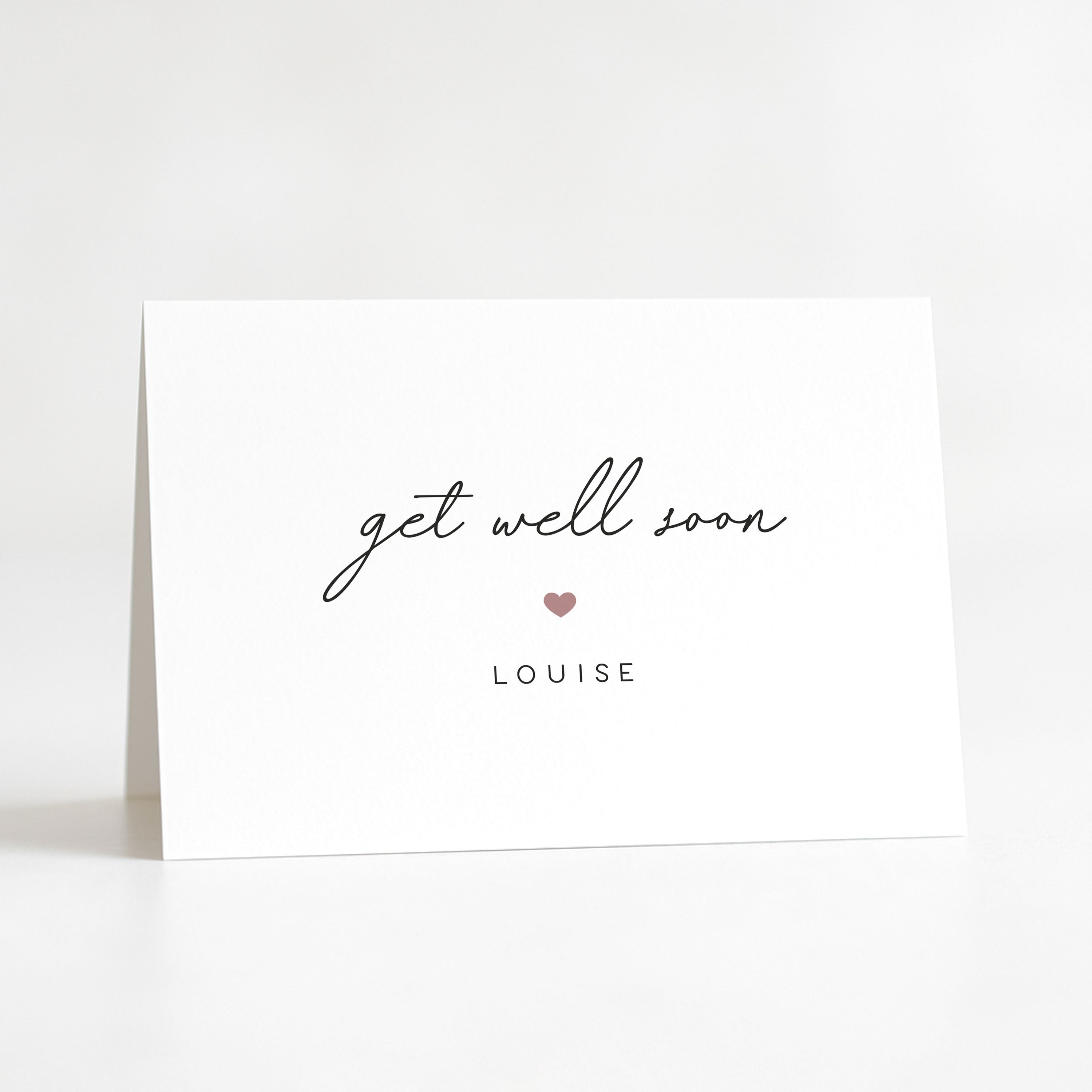 Get well soon card with a heart and name on a white background