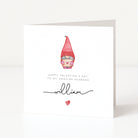 Valentine's Day card with a gnome illustration and personalized text on a white background
