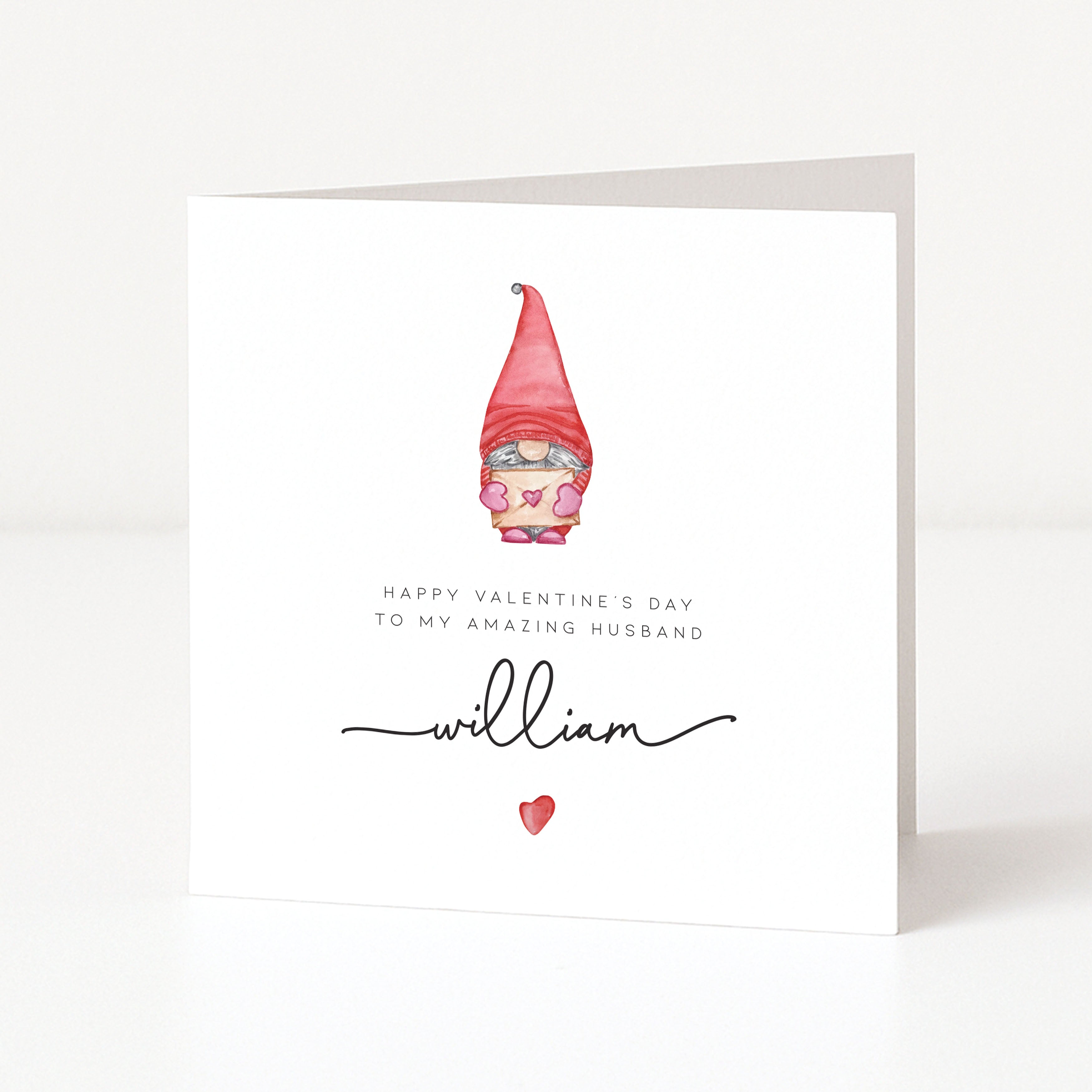 Valentine's Day card with a gnome illustration and personalized text on a white background