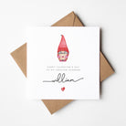 Valentine's Day card with a gnome illustration and personalized message on a white background.