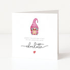 Valentine's Day card with a gnome illustration and personalized text on a white background