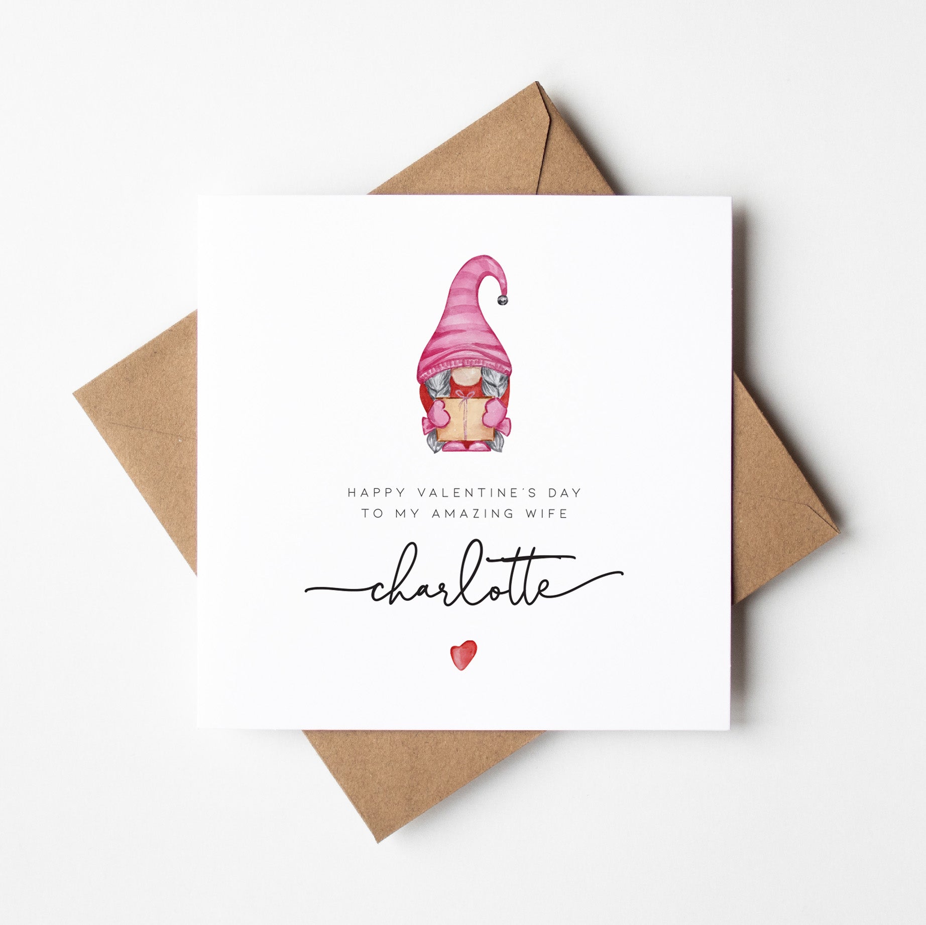 Valentine's Day card with a gnome illustration and personalized message on a white background.