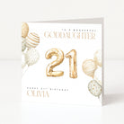 Greeting card with gold balloons and 'Happy 21st Birthday' text on a white background