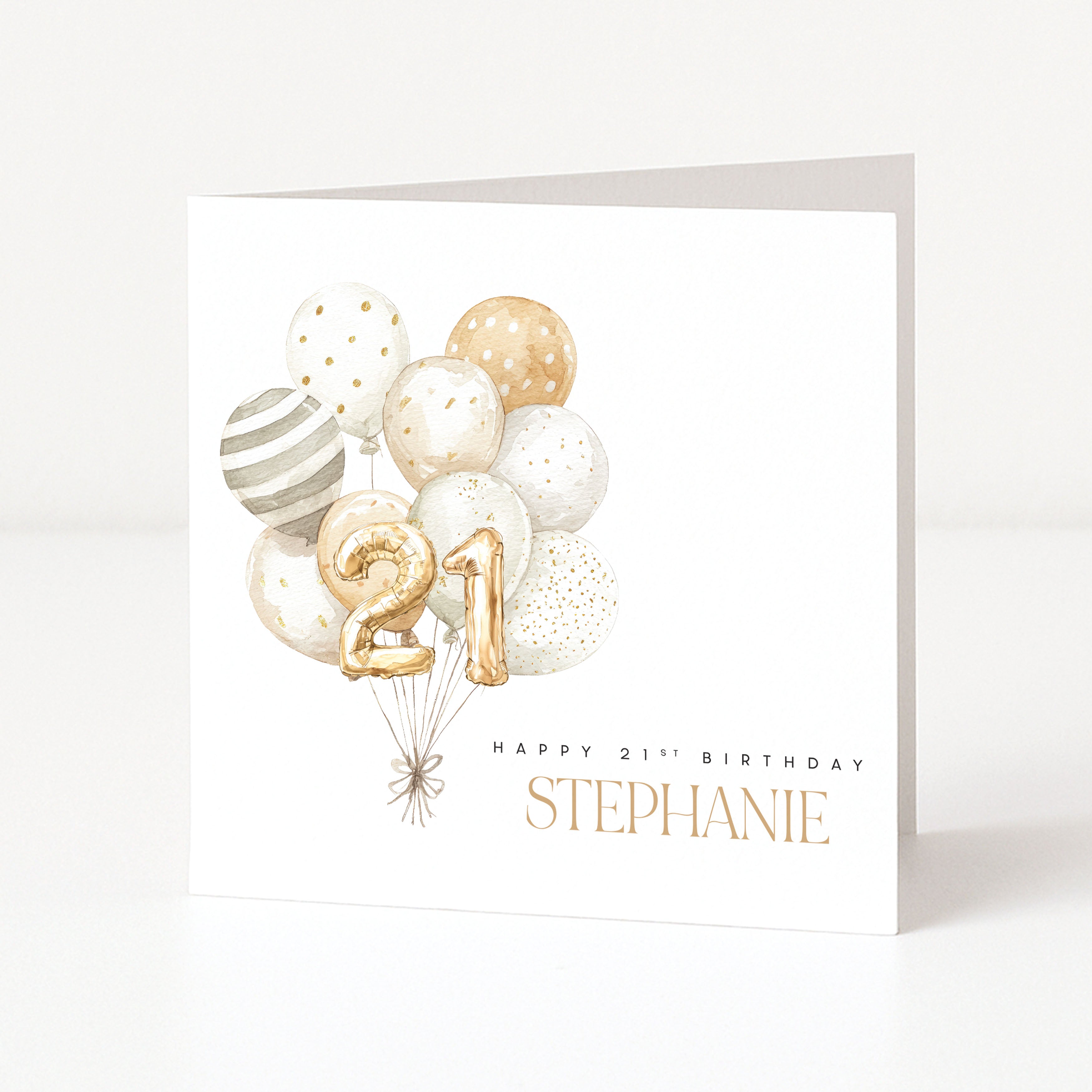 Birthday card with balloons and 'Happy 21st Birthday Stephanie' text on a white background