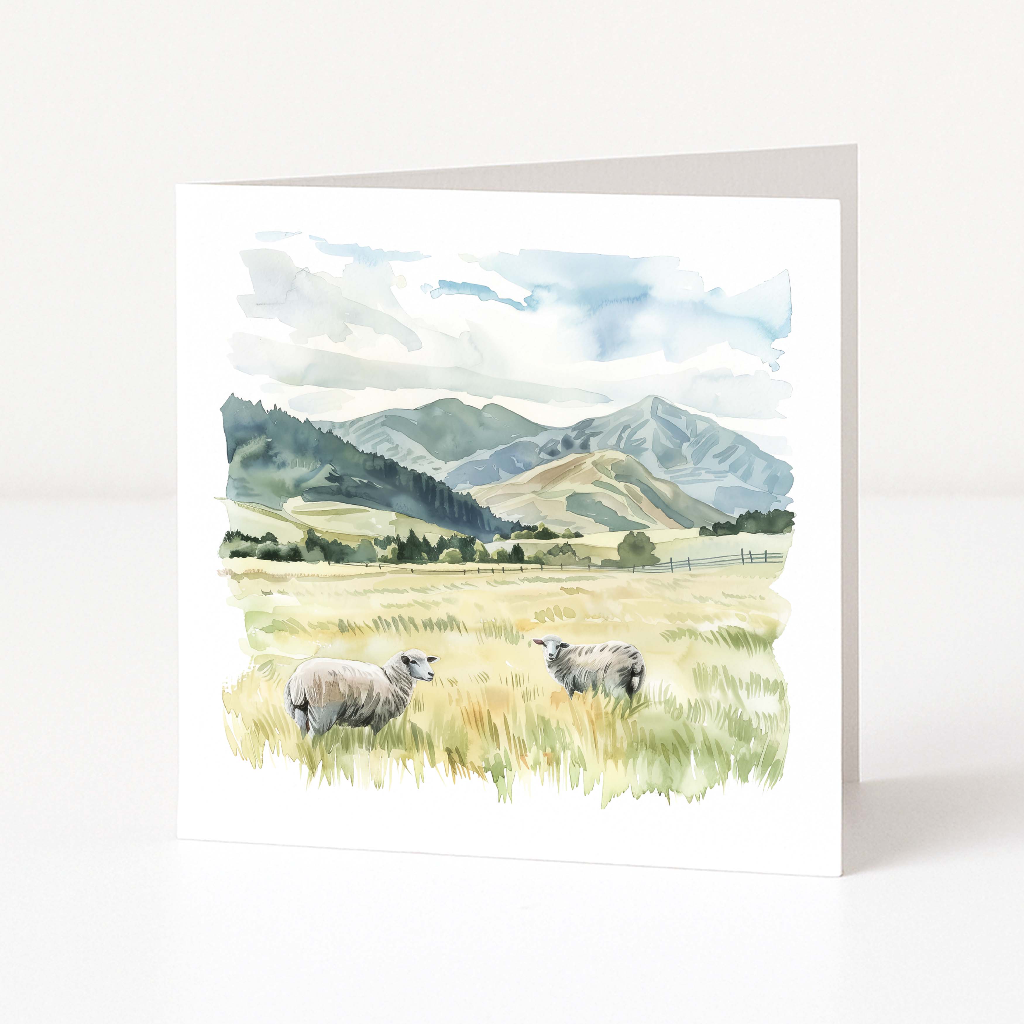 Greeting card with a scenic landscape featuring sheep in a field and mountains.
