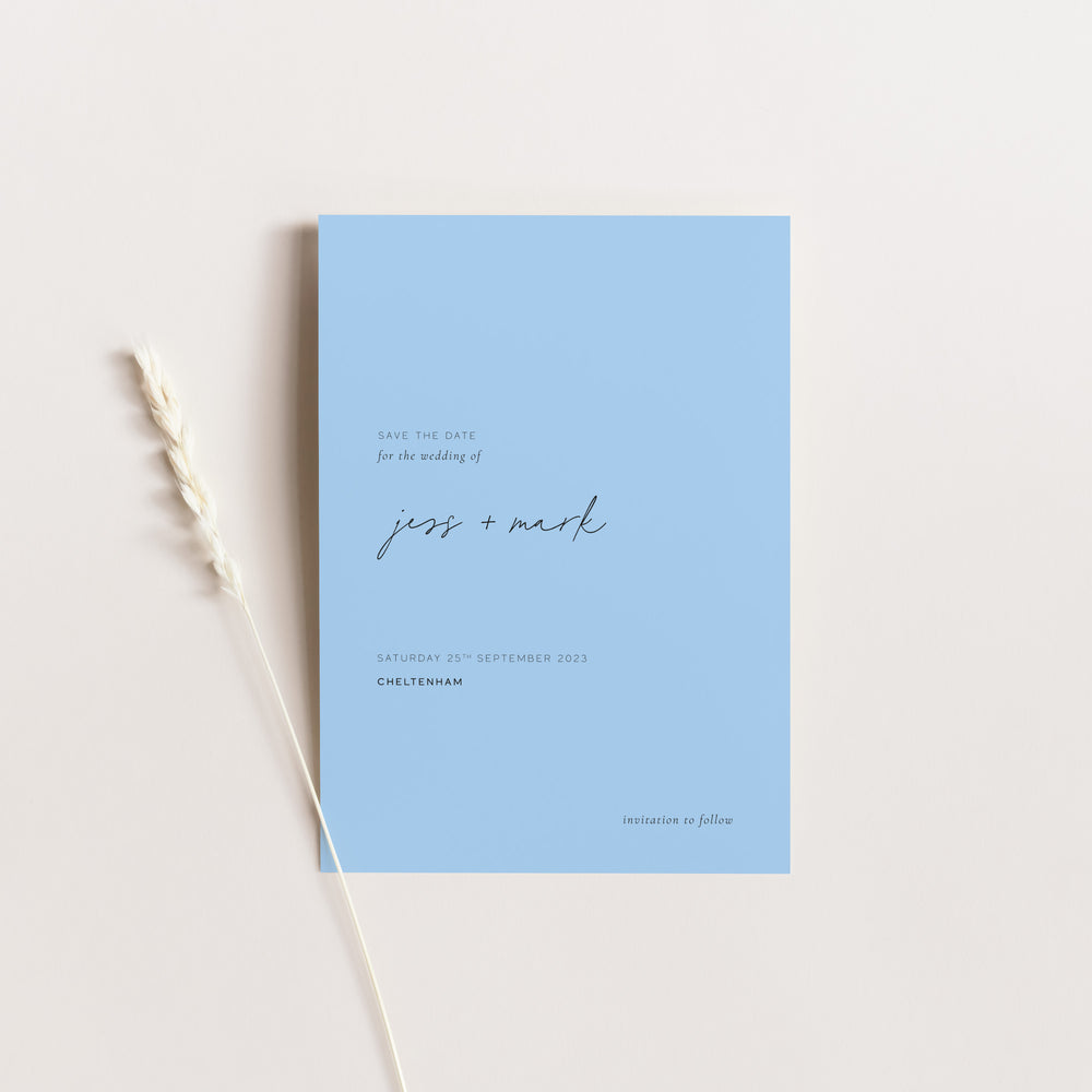 Minimalist modern save the date card in Azure Blue - Greenwich Collection, Elle Bee Design