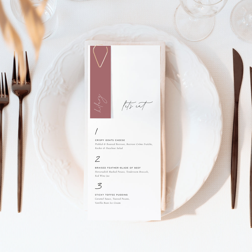 Modern Elegant Wedding Menu Card with Name Tag - Greenwich Collection, Elle Bee Design