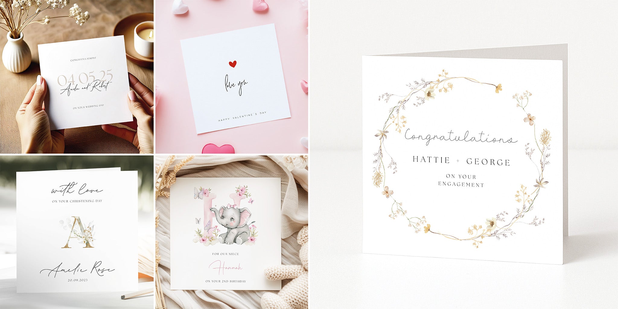 Collection of greeting cards with various designs and text 