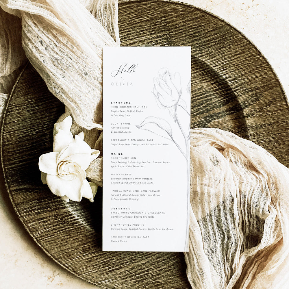 Elegant Rose Modern Wedding Menu Card - Hampstead Collection, Elle Bee Design