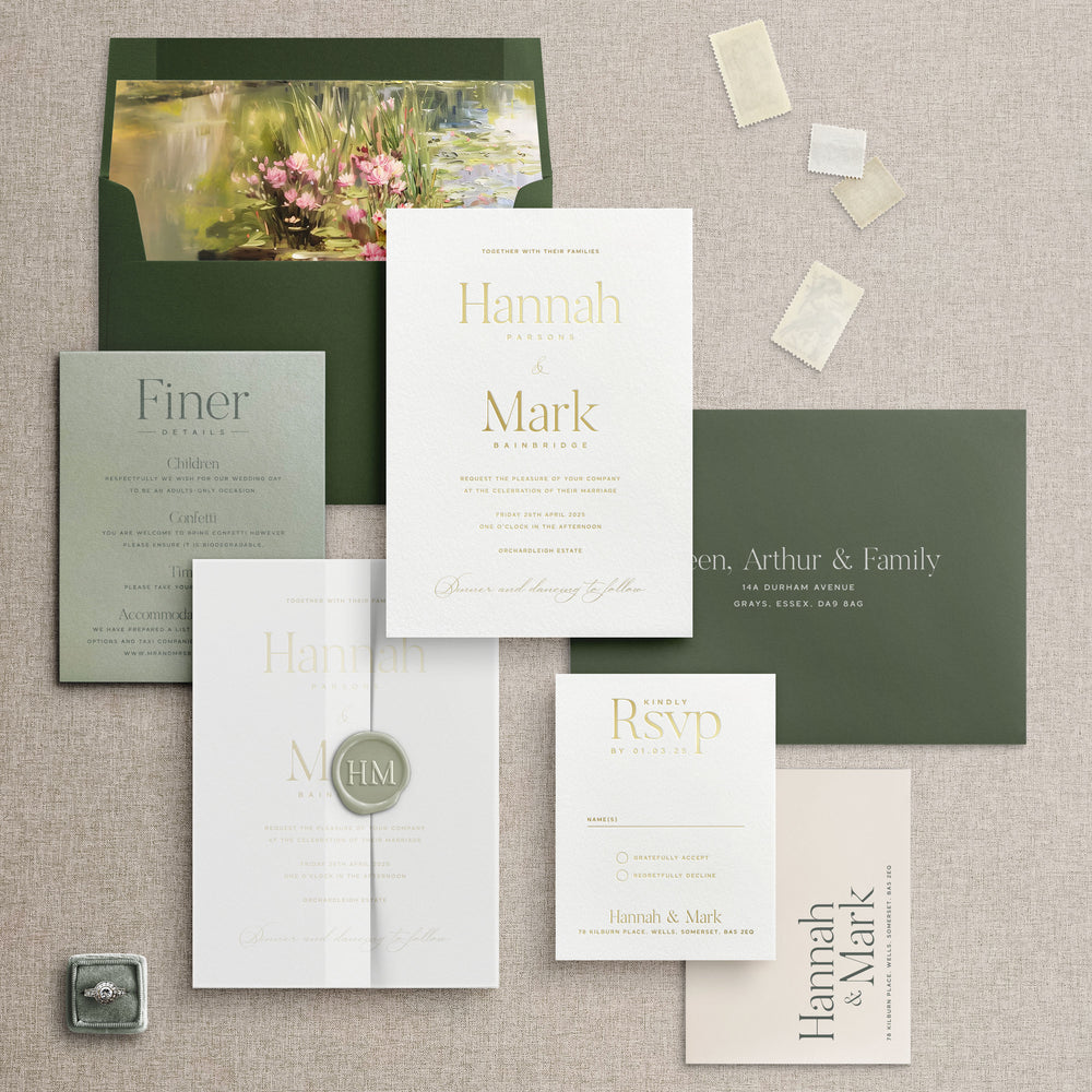 Gold Foil Pressed Wedding Invitation Suite in Green Colour Scheme - The Hannah Collection