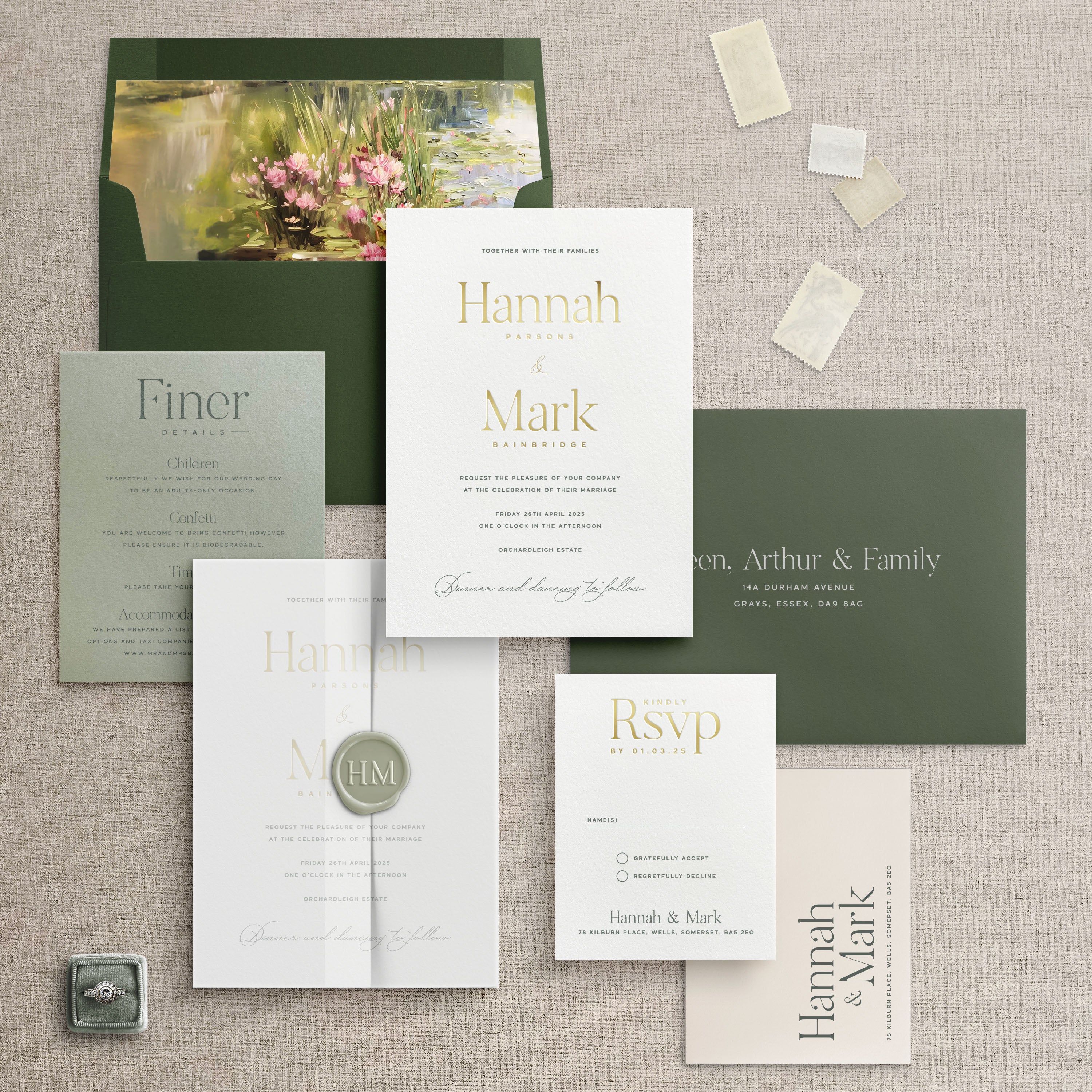 Gold Foil Pressed Wedding Invitation Suite in Green Colour Scheme - The Hannah Collection