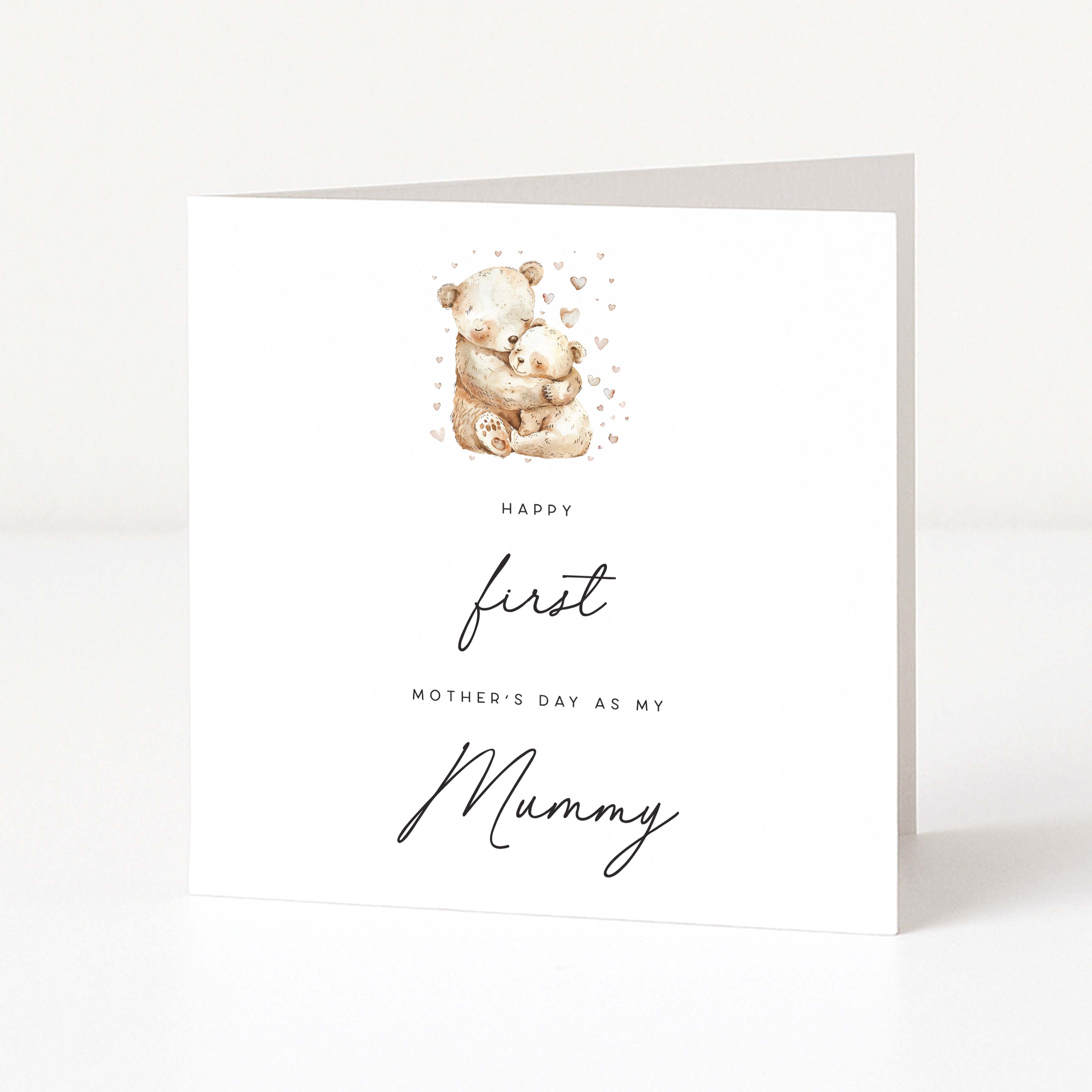 Greeting card with teddy bear illustration and text on a white background