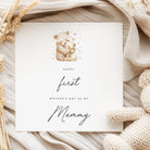 Greeting card with teddy bear illustration and text on a soft fabric background