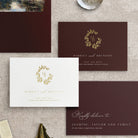 Elegant Wreath Gold Foil Pressed Save the Date Card in Cotton and Burgundy - Harriet Collection, Elle Bee Design