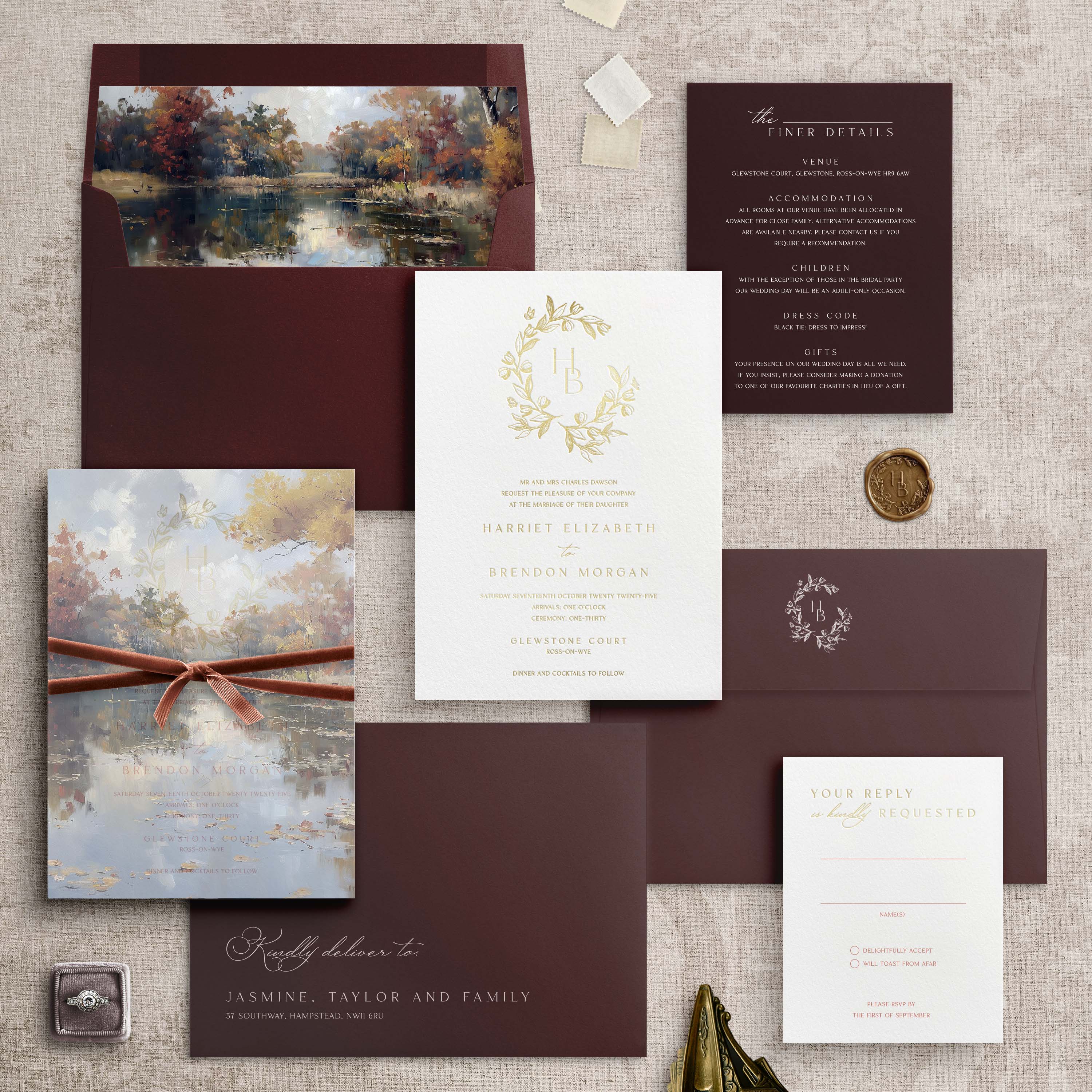 Gold Foil Pressed Wedding Invitation Suite in Burgundy Colour Scheme - The Harriet Collection