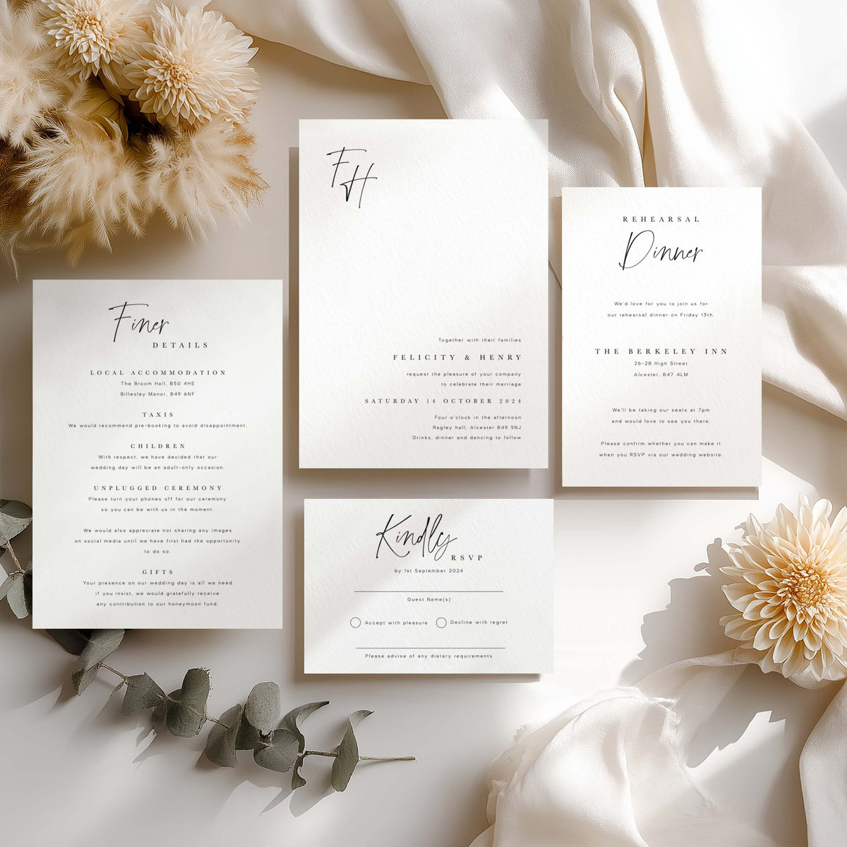 A monogram wedding invitation suite comprising an invitation, rehearsal dinner card, details card and RSVP card on a beige natural background and alongside foliage
