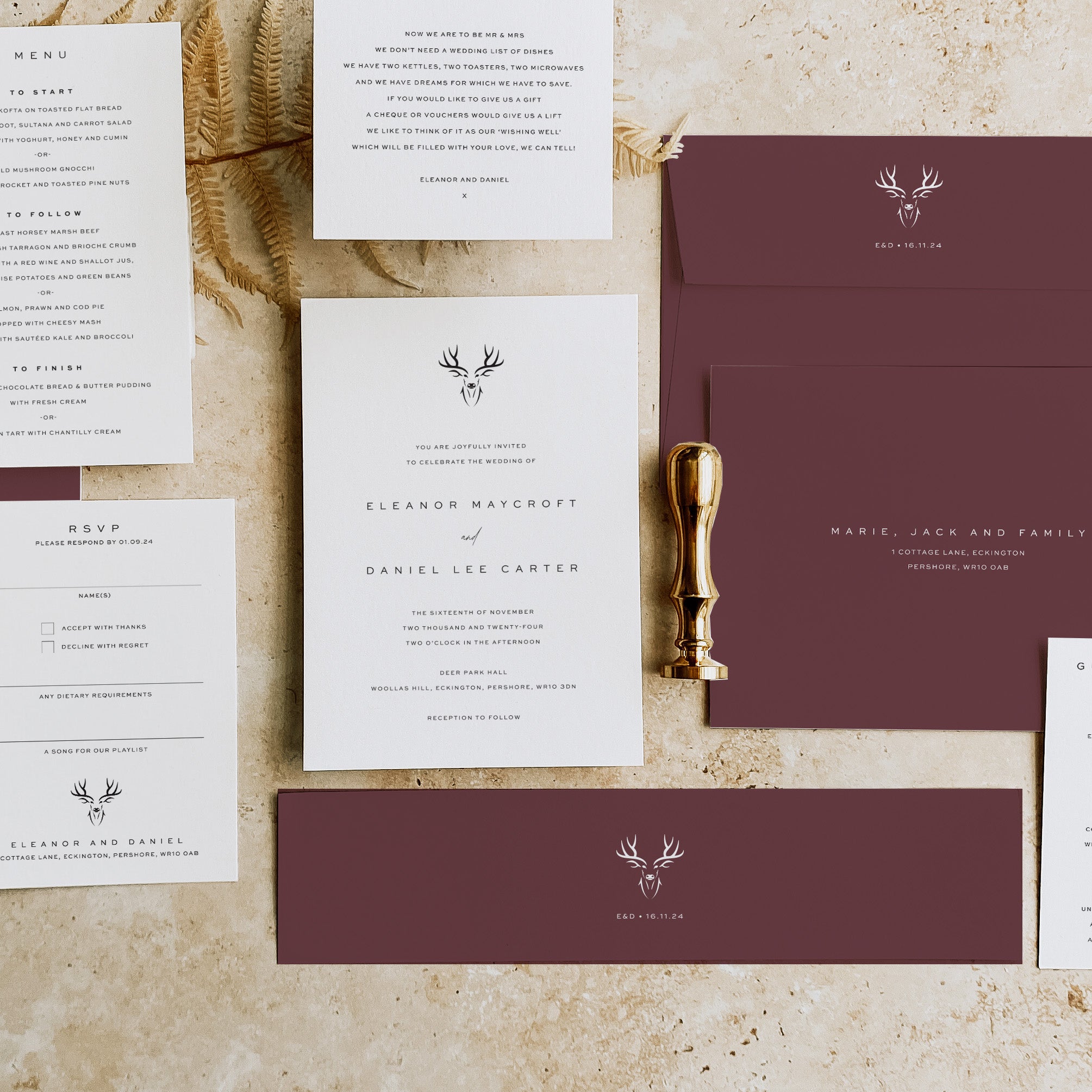 Modern Burgundy Stag Head Wedding Invitation Suite - Highgate Collection, Elle Bee Design