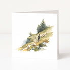 Greeting card with a scenic illustration of a shepherd and sheep on a hillside.