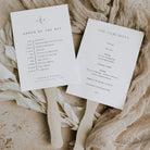 botanical wedding programme fans with wooden handle and neutral background