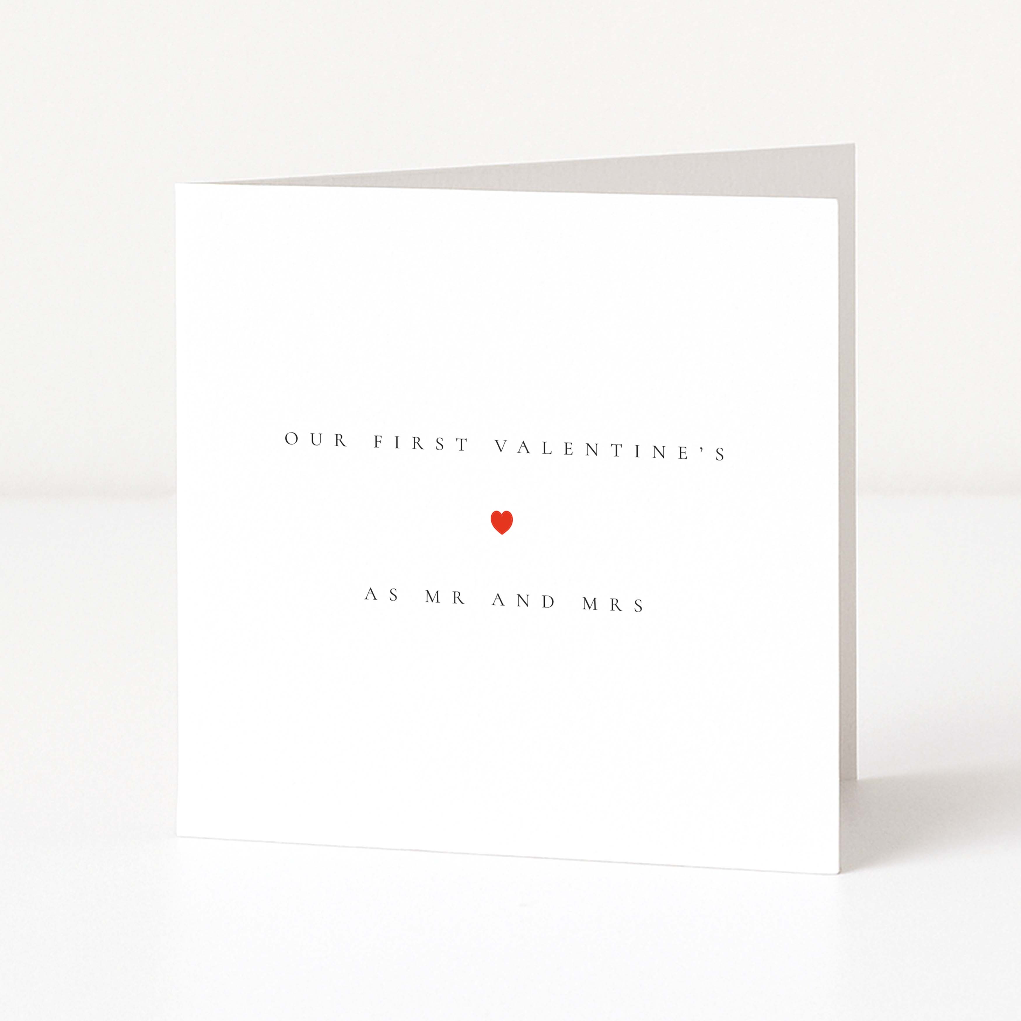 Greeting card with 'Our First Valentine's As Mr and Mrs' text and a red heart on a white background