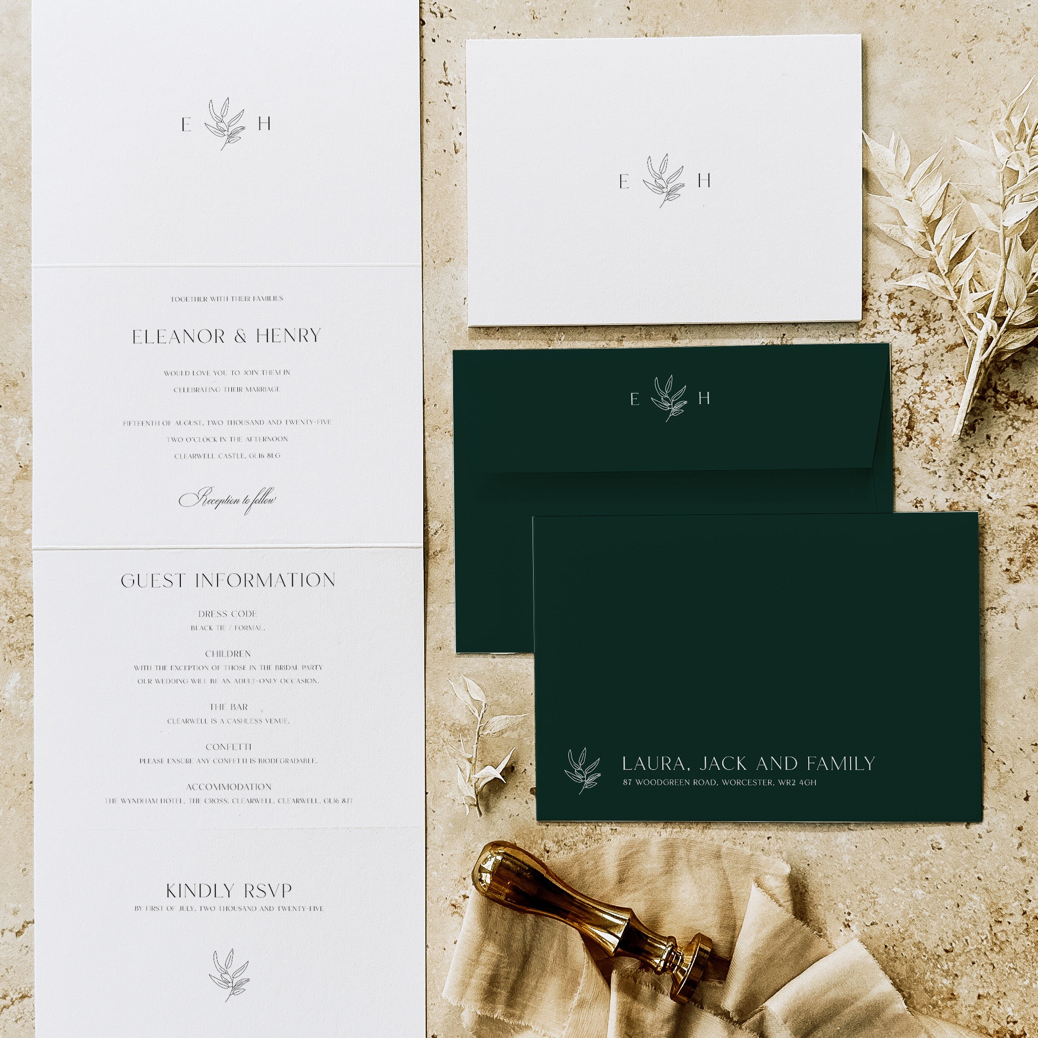 Elegant Botanical Monogram Concertina Folded Wedding Invitation - Hyde Park Collection, Elle Bee Design