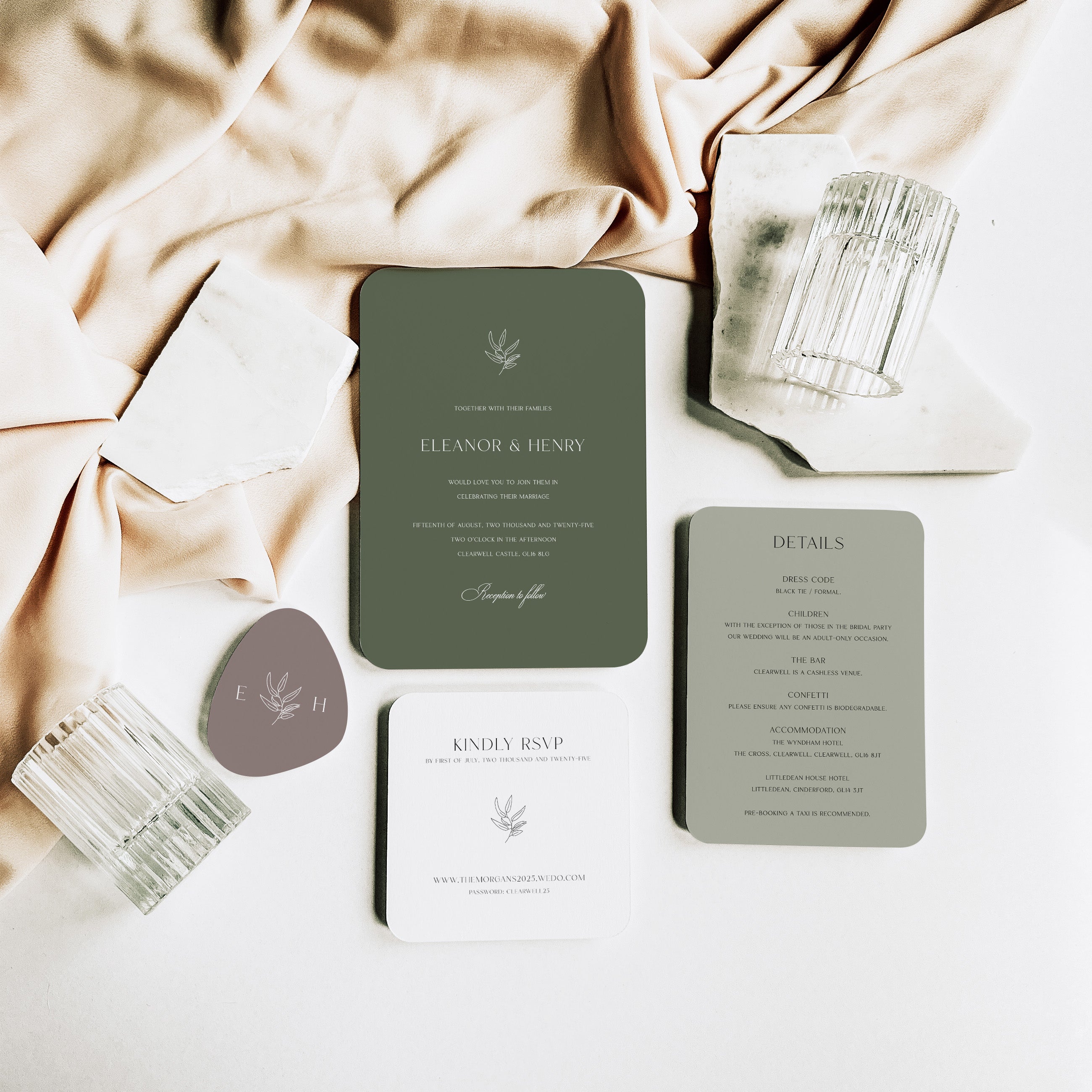 Elegant Botanical Wedding Invitation Suite with Rounded Corners - Hyde Park Collection, Elle Bee Design