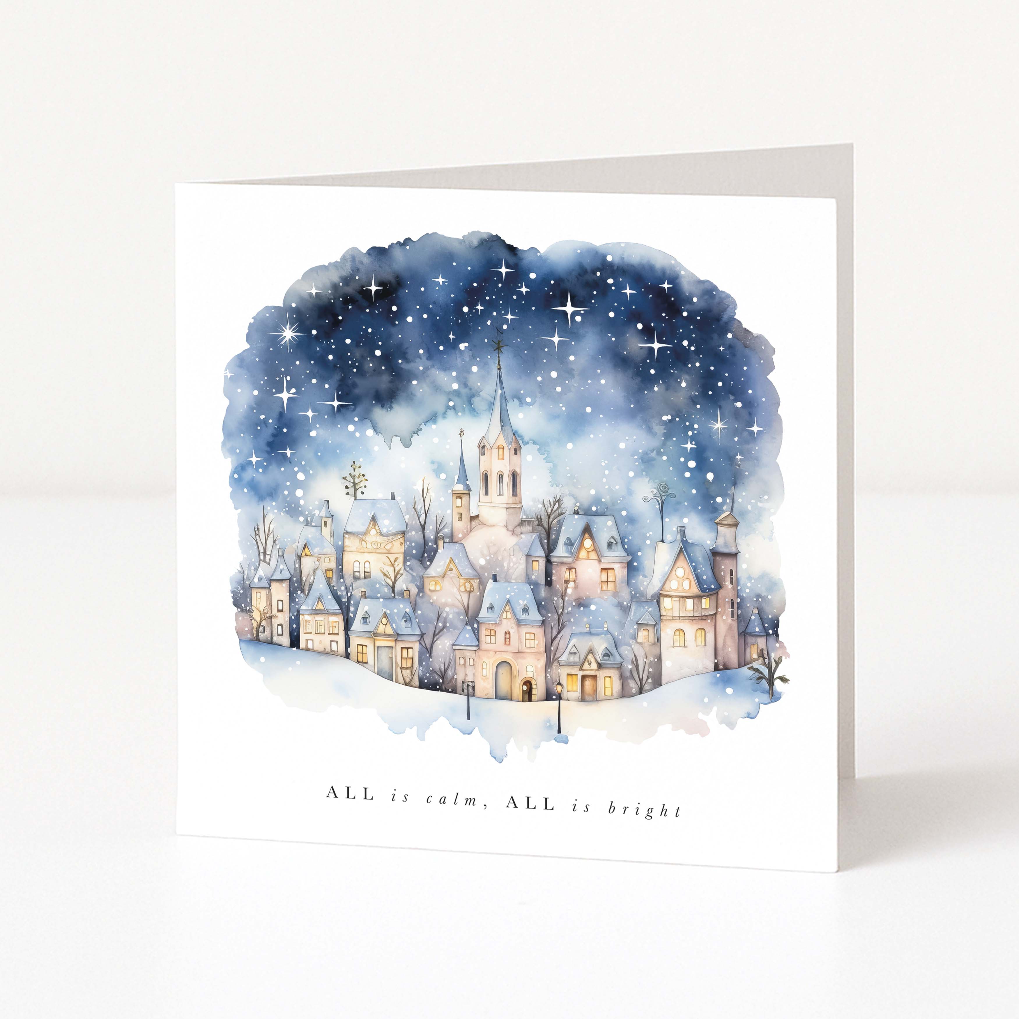 Greeting card with a winter village scene and starry sky on a white background