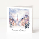 Christmas card with a snowy town scene and 'Merry Christmas' text.