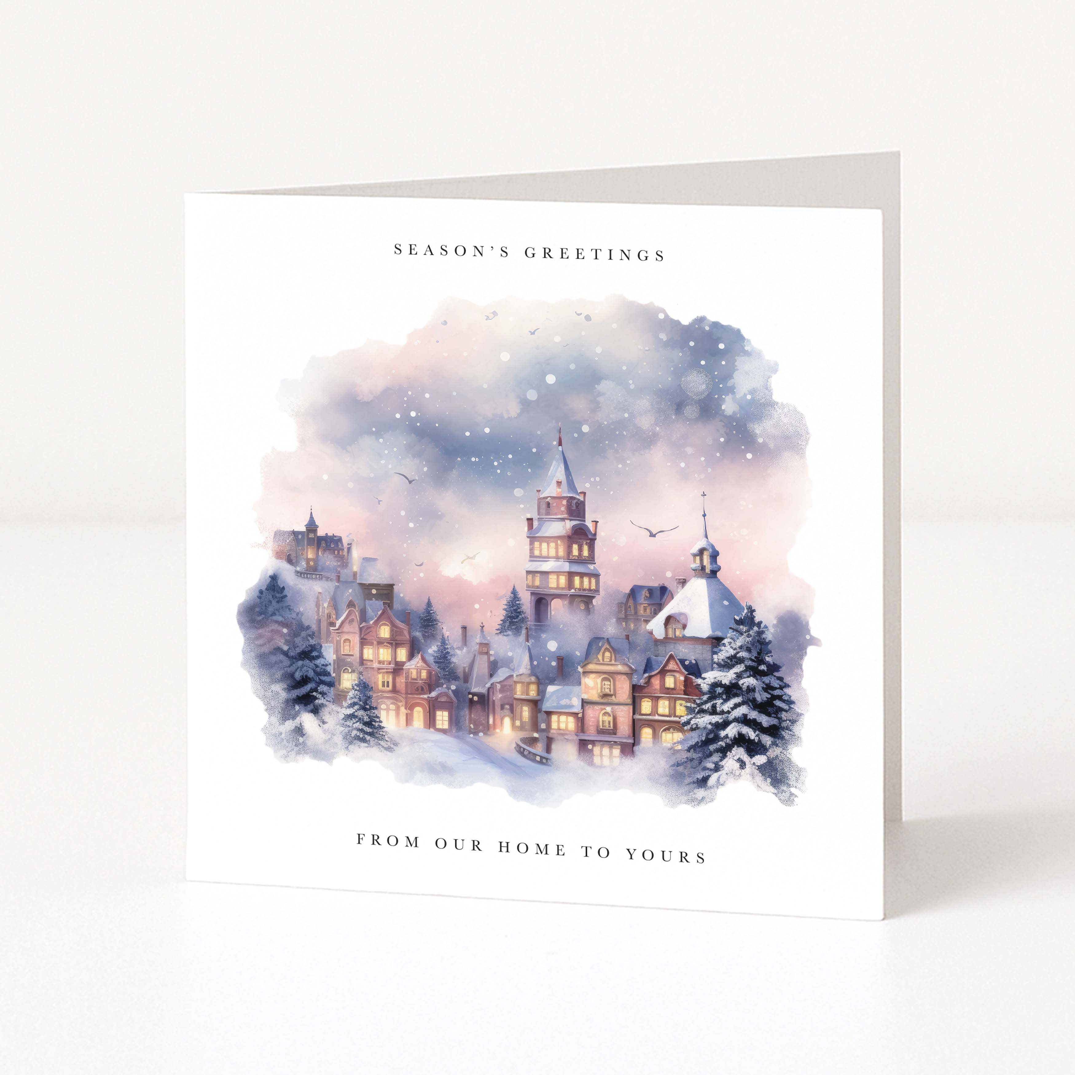 Illustrated watercolour Christmas card with Season's Greetings and From Our Home to Yours sentiment