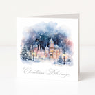 Watercolour Christmas card showing a snowy scene and "Christmas Blessings" text