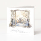 A Christmas card with a wintry scene shown through a watercolour window.